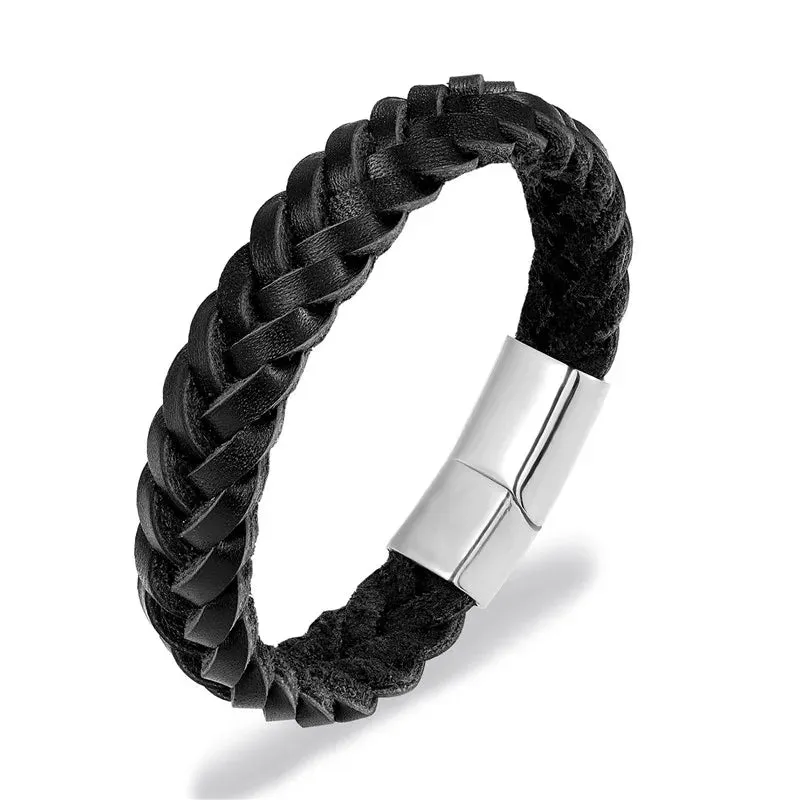 MKENDN 2021 Fashion Stainless Steel Chain Genuine Leather Bracelet Men Vintage Simple Male Braid Jewelry for women