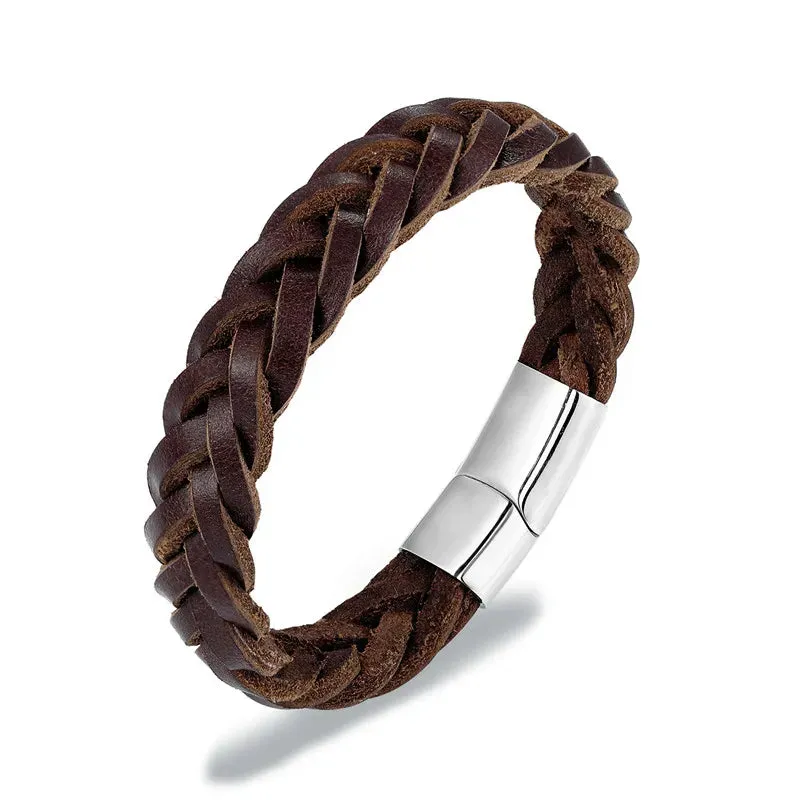 MKENDN 2021 Fashion Stainless Steel Chain Genuine Leather Bracelet Men Vintage Simple Male Braid Jewelry for women