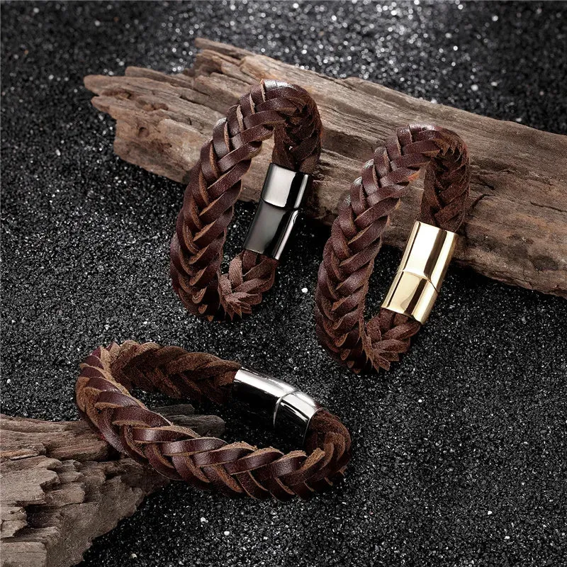 MKENDN 2021 Fashion Stainless Steel Chain Genuine Leather Bracelet Men Vintage Simple Male Braid Jewelry for women