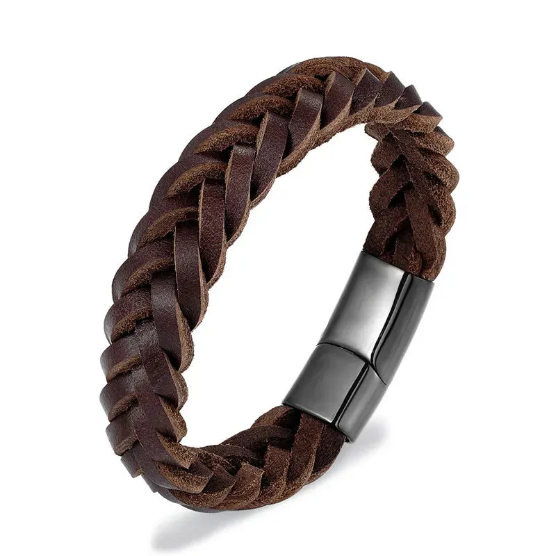 MKENDN 2021 Fashion Stainless Steel Chain Genuine Leather Bracelet Men Vintage Simple Male Braid Jewelry for women