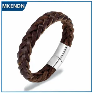 MKENDN 2021 Fashion Stainless Steel Chain Genuine Leather Bracelet Men Vintage Simple Male Braid Jewelry for women