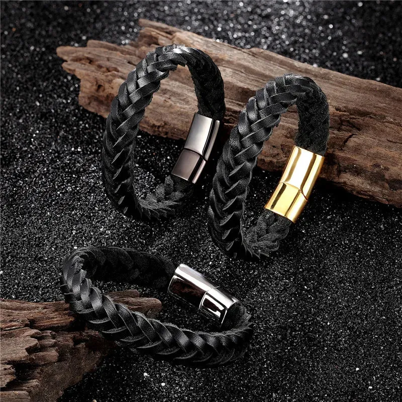 MKENDN 2021 Fashion Stainless Steel Chain Genuine Leather Bracelet Men Vintage Simple Male Braid Jewelry for women