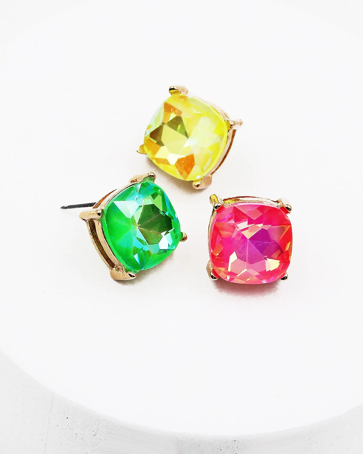 Neon Green Square Stone Stud Earrings