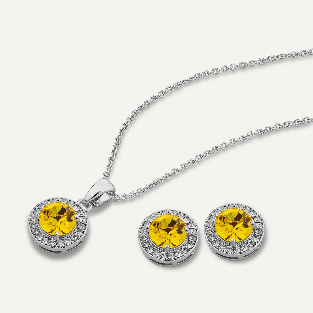 November Citrine-Colour Birthstone Necklace & Earring Set In Silver-Tone