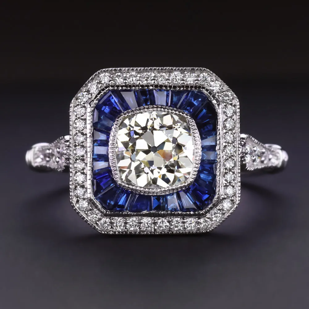 OLD MINE CUT DIAMOND SAPPHIRE COCKTAIL RING CERTIFIED VINTAGE STYLE WHITE GOLD