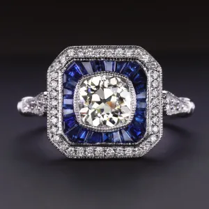 OLD MINE CUT DIAMOND SAPPHIRE COCKTAIL RING CERTIFIED VINTAGE STYLE WHITE GOLD