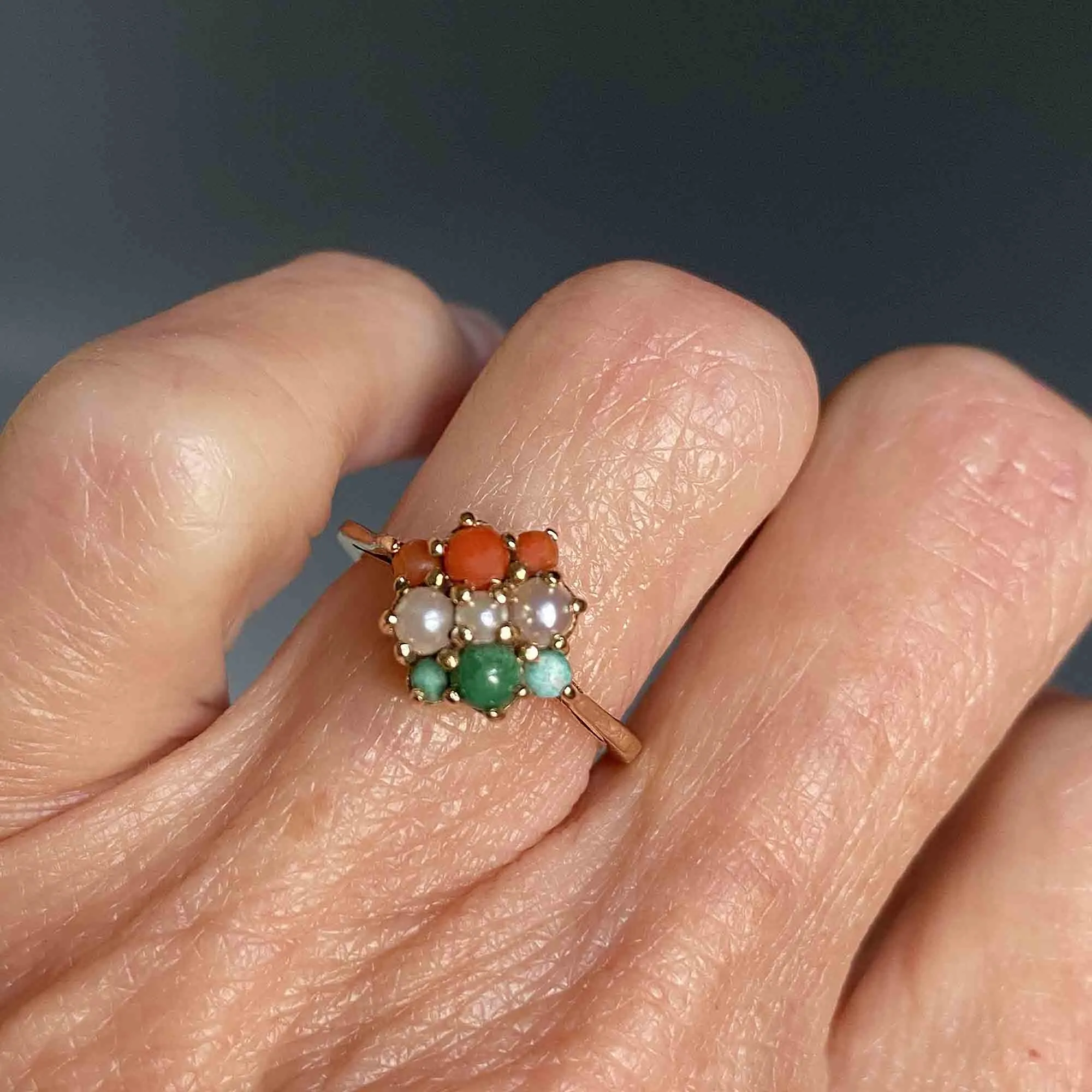 Pearl Turquoise Coral Cluster Ring in 14K Gold