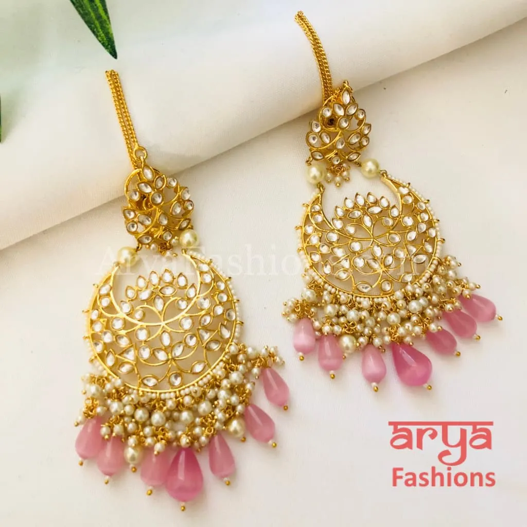 Pink Kundan Chandbali/ Gray Bridal Pacchi Kundan Pearl Chandbali