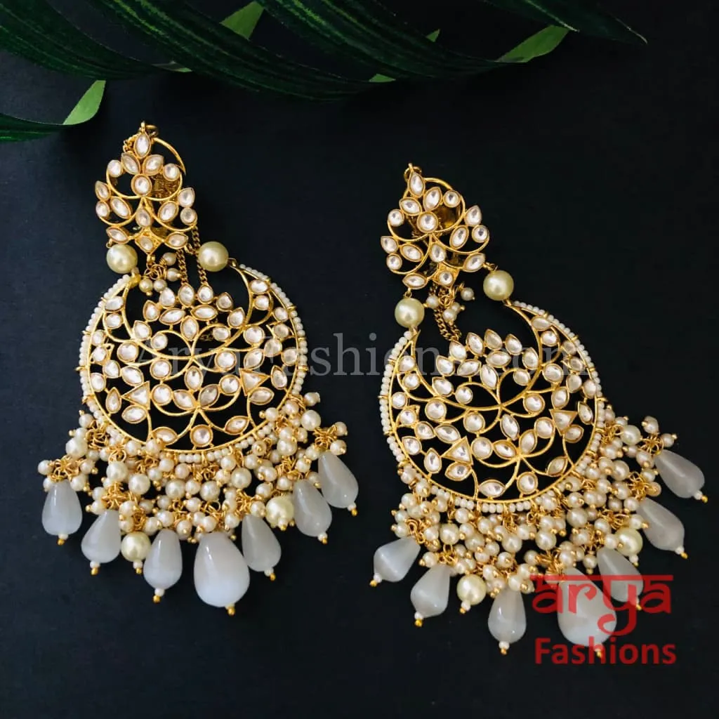 Pink Kundan Chandbali/ Gray Bridal Pacchi Kundan Pearl Chandbali