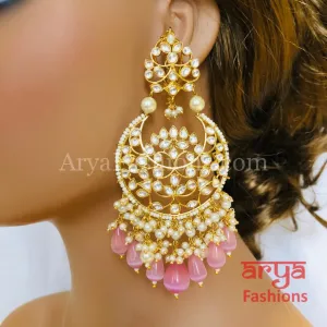 Pink Kundan Chandbali/ Gray Bridal Pacchi Kundan Pearl Chandbali