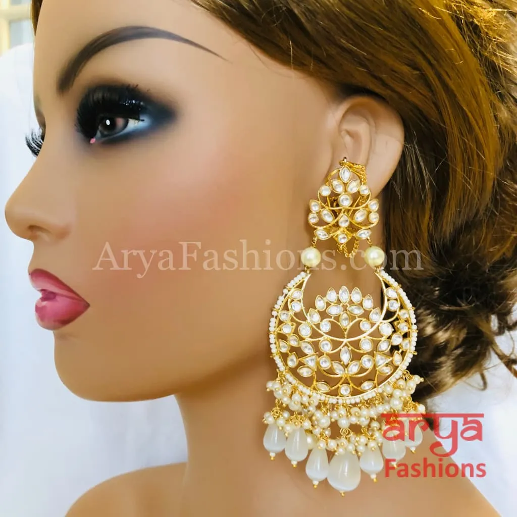 Pink Kundan Chandbali/ Gray Bridal Pacchi Kundan Pearl Chandbali