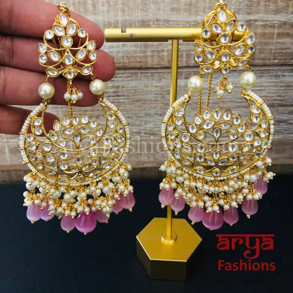 Pink Kundan Chandbali/ Gray Bridal Pacchi Kundan Pearl Chandbali