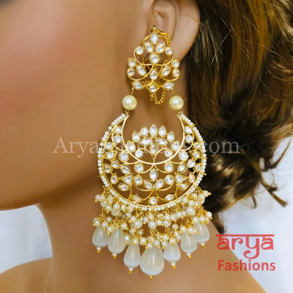 Pink Kundan Chandbali/ Gray Bridal Pacchi Kundan Pearl Chandbali