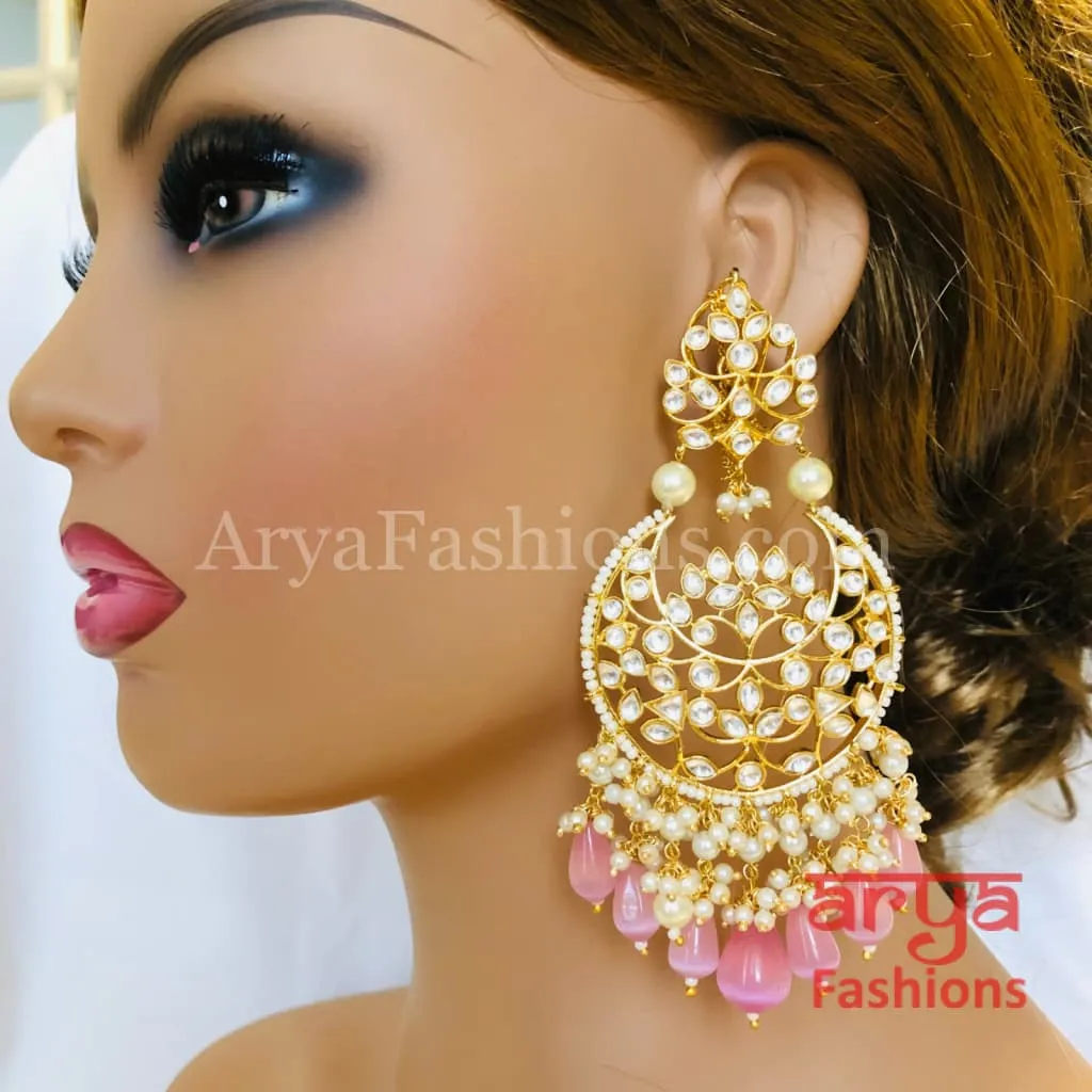 Pink Kundan Chandbali/ Gray Bridal Pacchi Kundan Pearl Chandbali