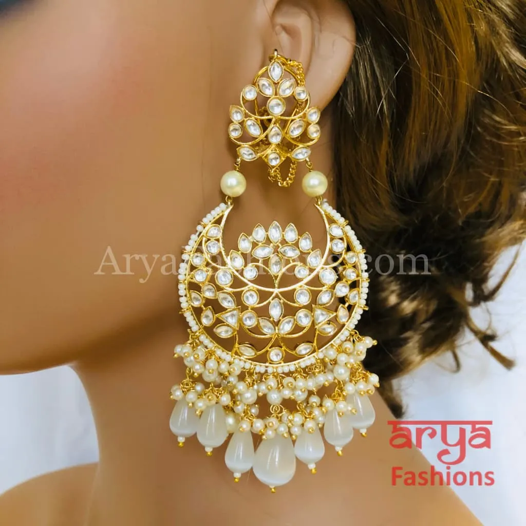 Pink Kundan Chandbali/ Gray Bridal Pacchi Kundan Pearl Chandbali