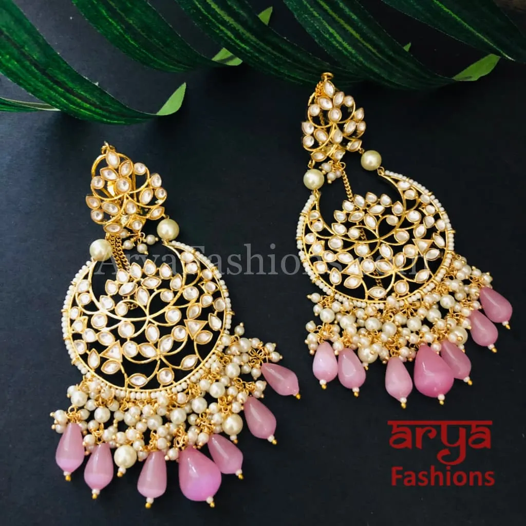 Pink Kundan Chandbali/ Gray Bridal Pacchi Kundan Pearl Chandbali