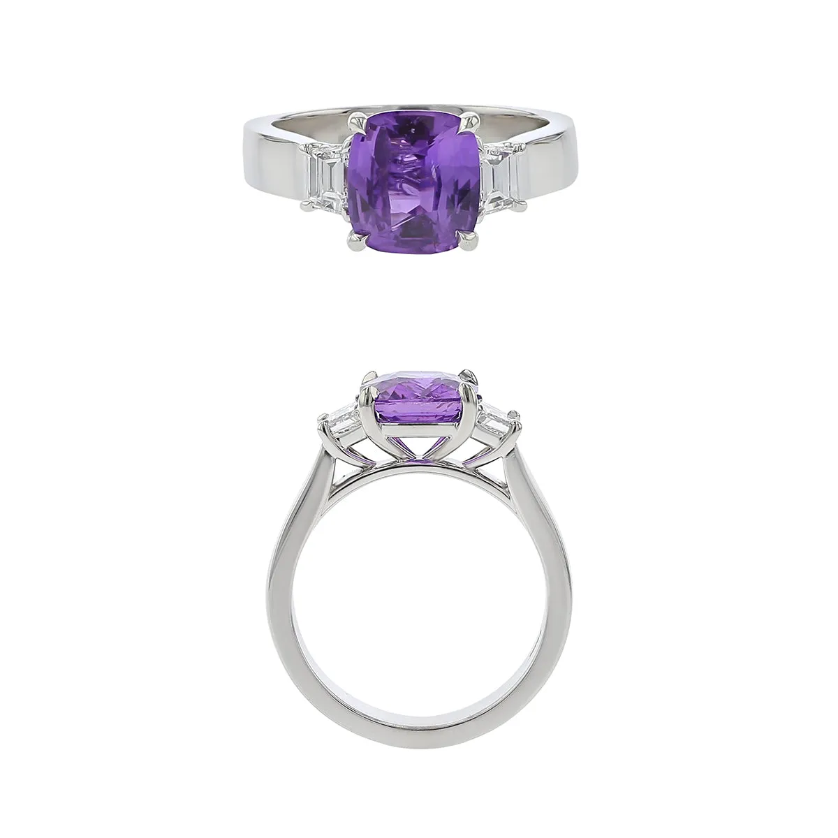 Platinum 1 Cushion Madagascar Purple Sapphire (2.60 ct) and 2 Trapezoid Diamonds (0.46 ct) 3-Stone Ring, Size 6.75