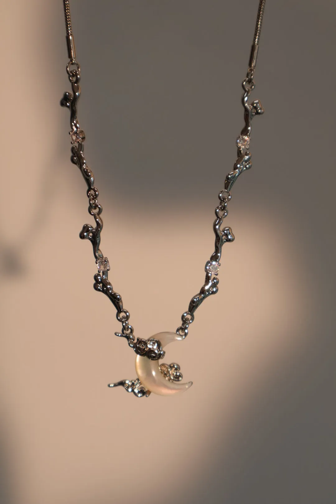 Platinum Plated Diamonds Natural Shell Moon Necklace