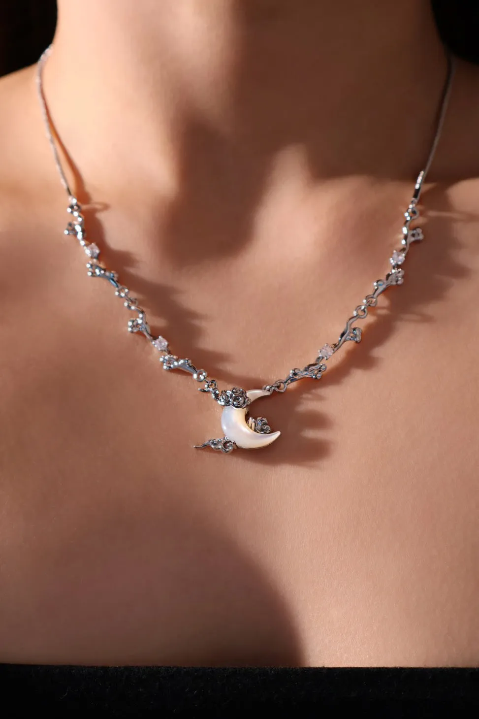 Platinum Plated Diamonds Natural Shell Moon Necklace