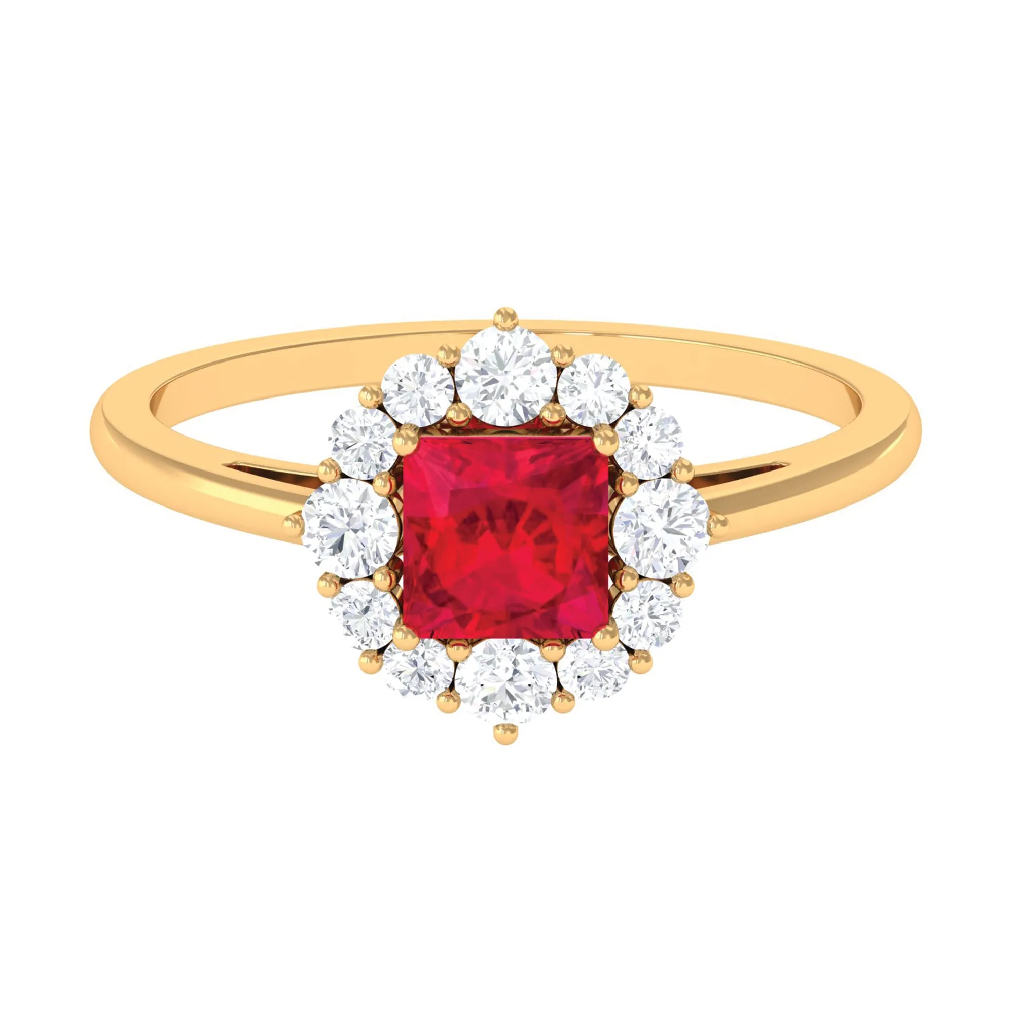 Princess Cut Lab Grown Ruby Ring with Diamond Halo