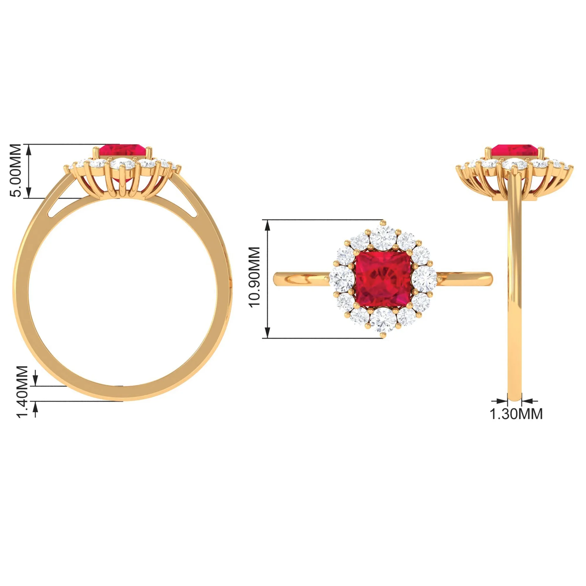 Princess Cut Lab Grown Ruby Ring with Diamond Halo