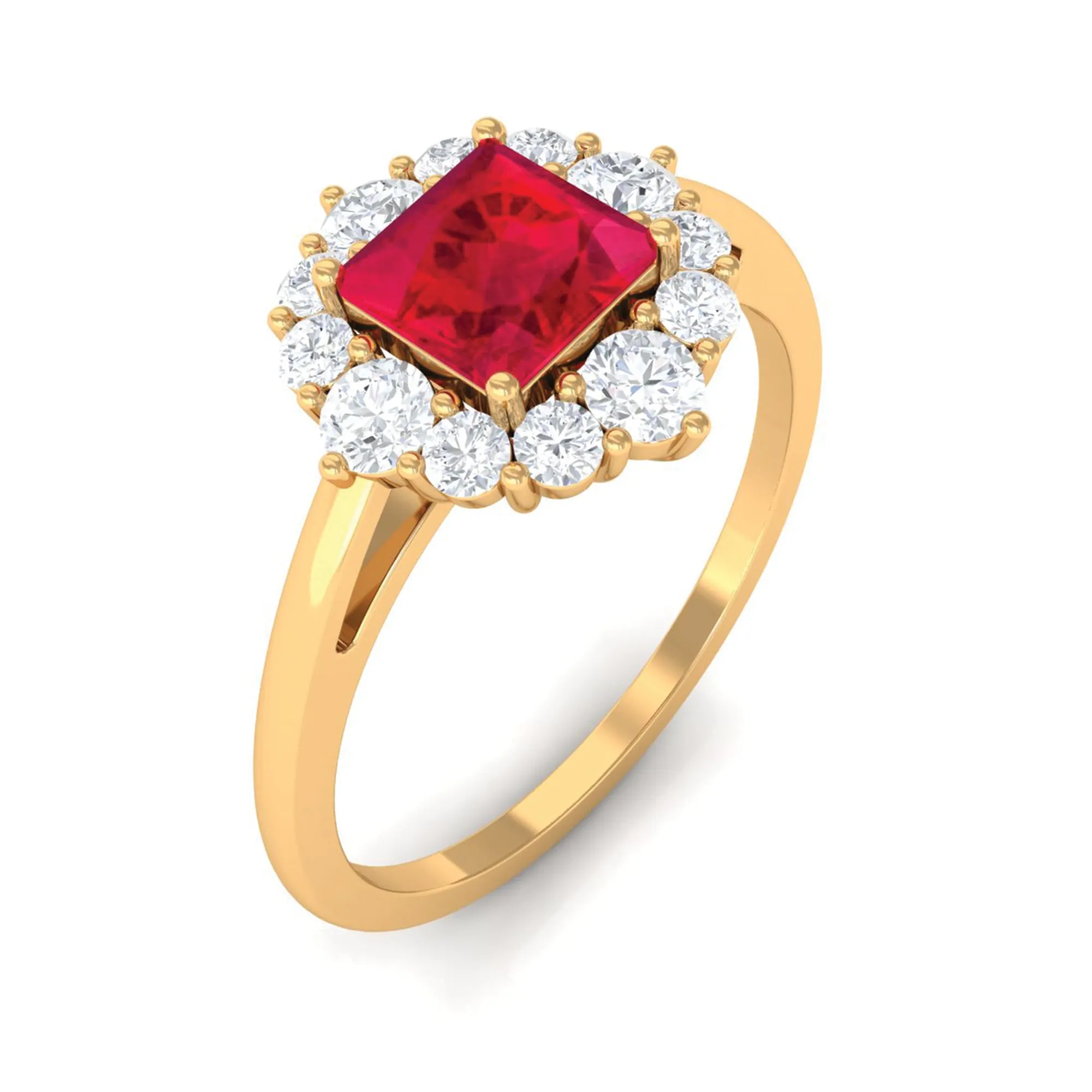 Princess Cut Lab Grown Ruby Ring with Diamond Halo