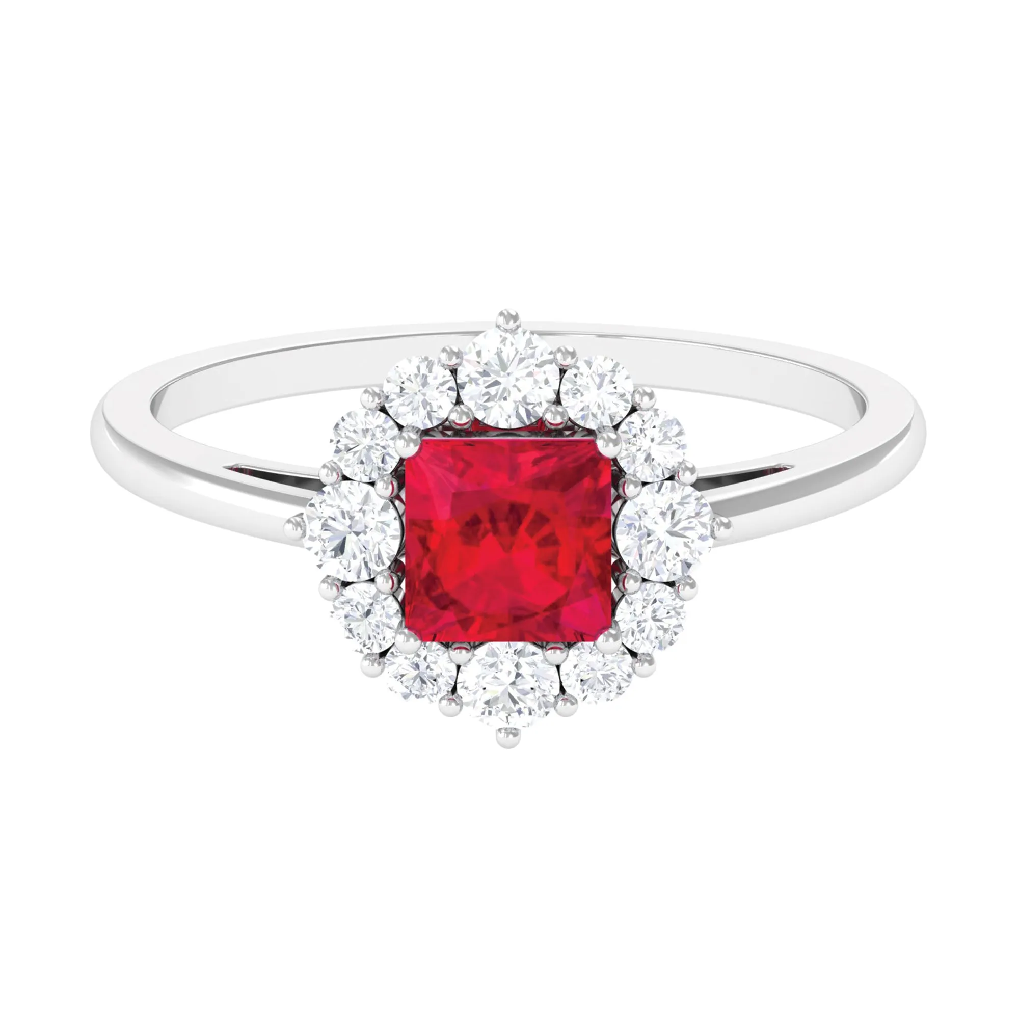 Princess Cut Lab Grown Ruby Ring with Diamond Halo