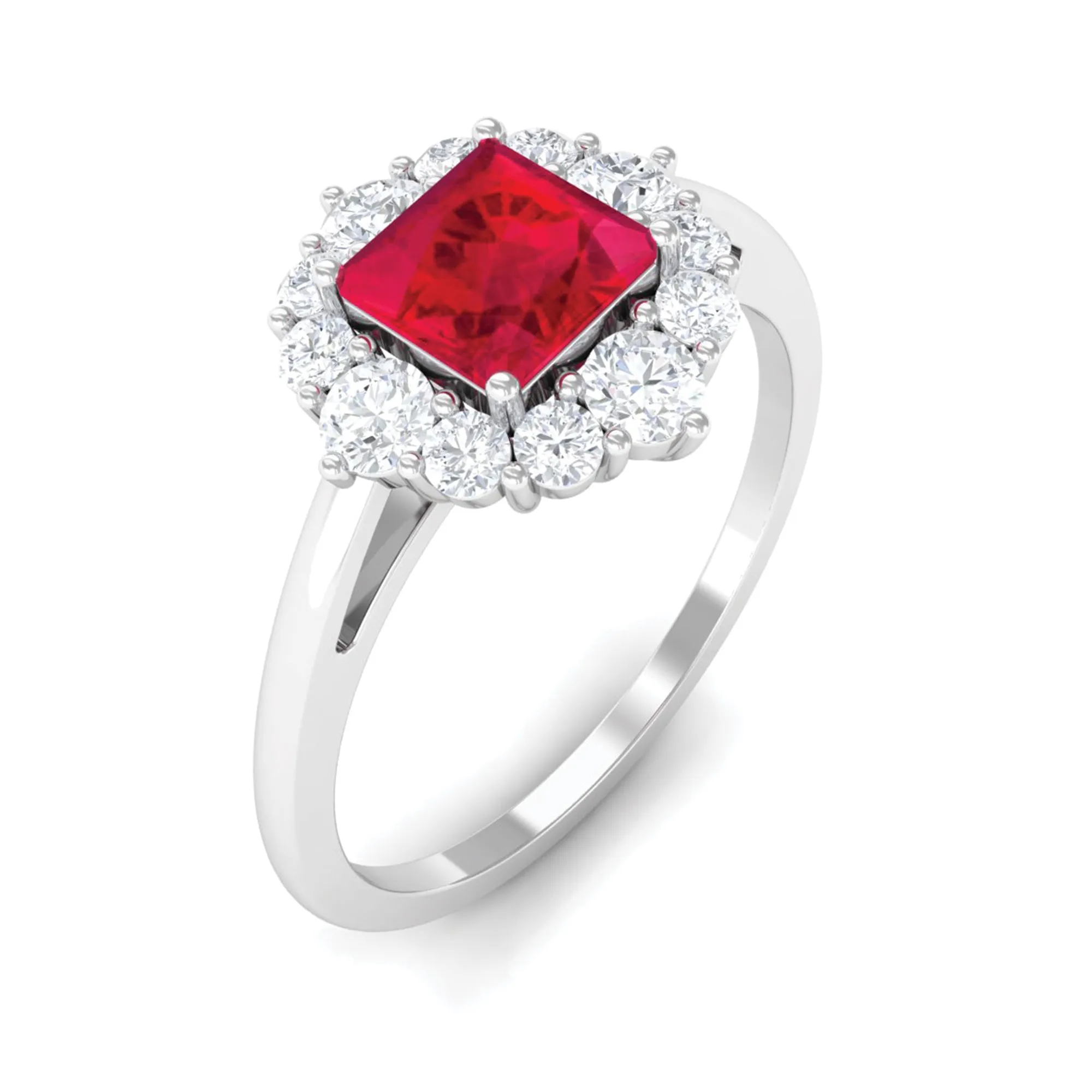 Princess Cut Lab Grown Ruby Ring with Diamond Halo