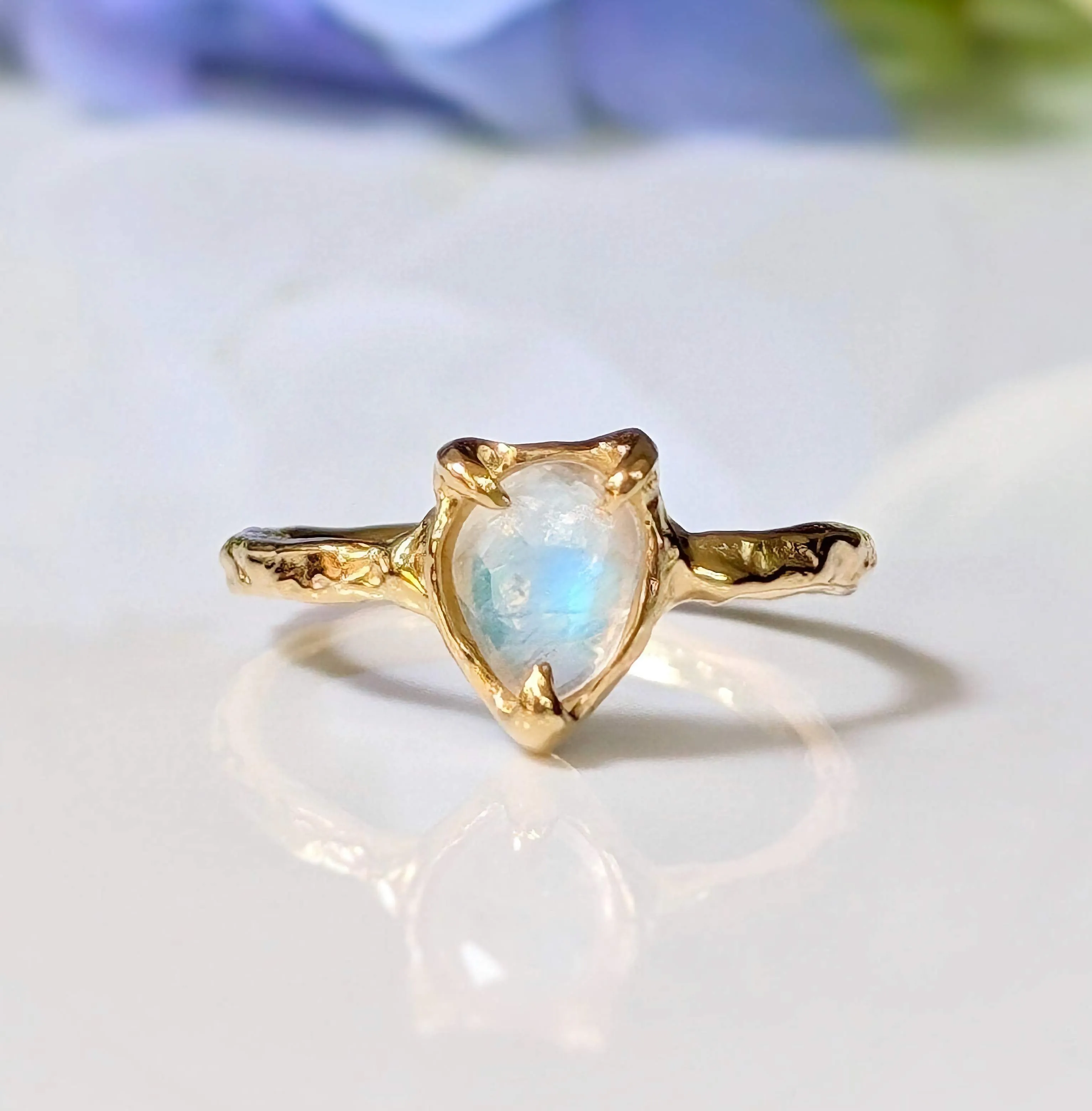 Rainbow Moonstone textured ring in Solid 14k Gold