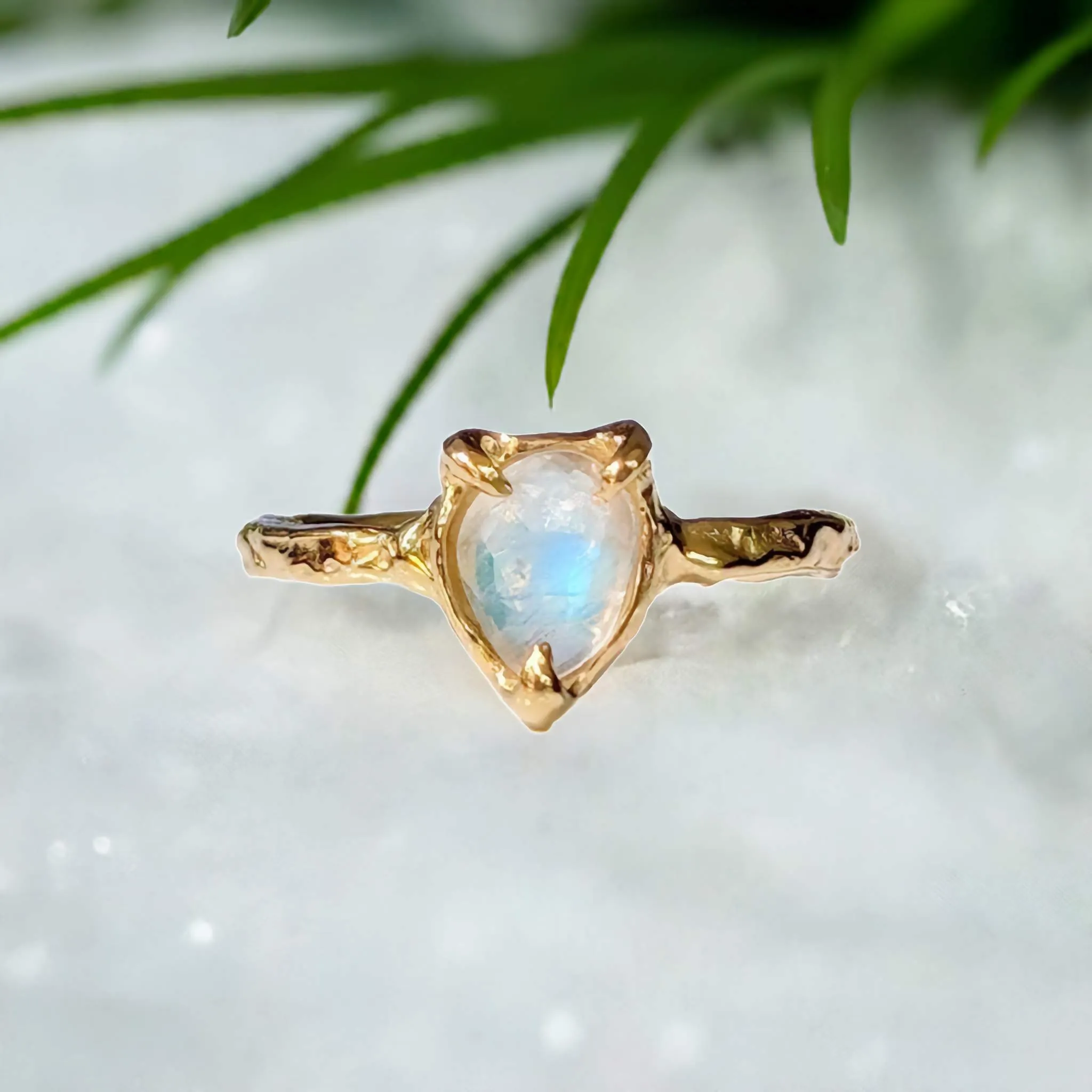 Rainbow Moonstone textured ring in Solid 14k Gold