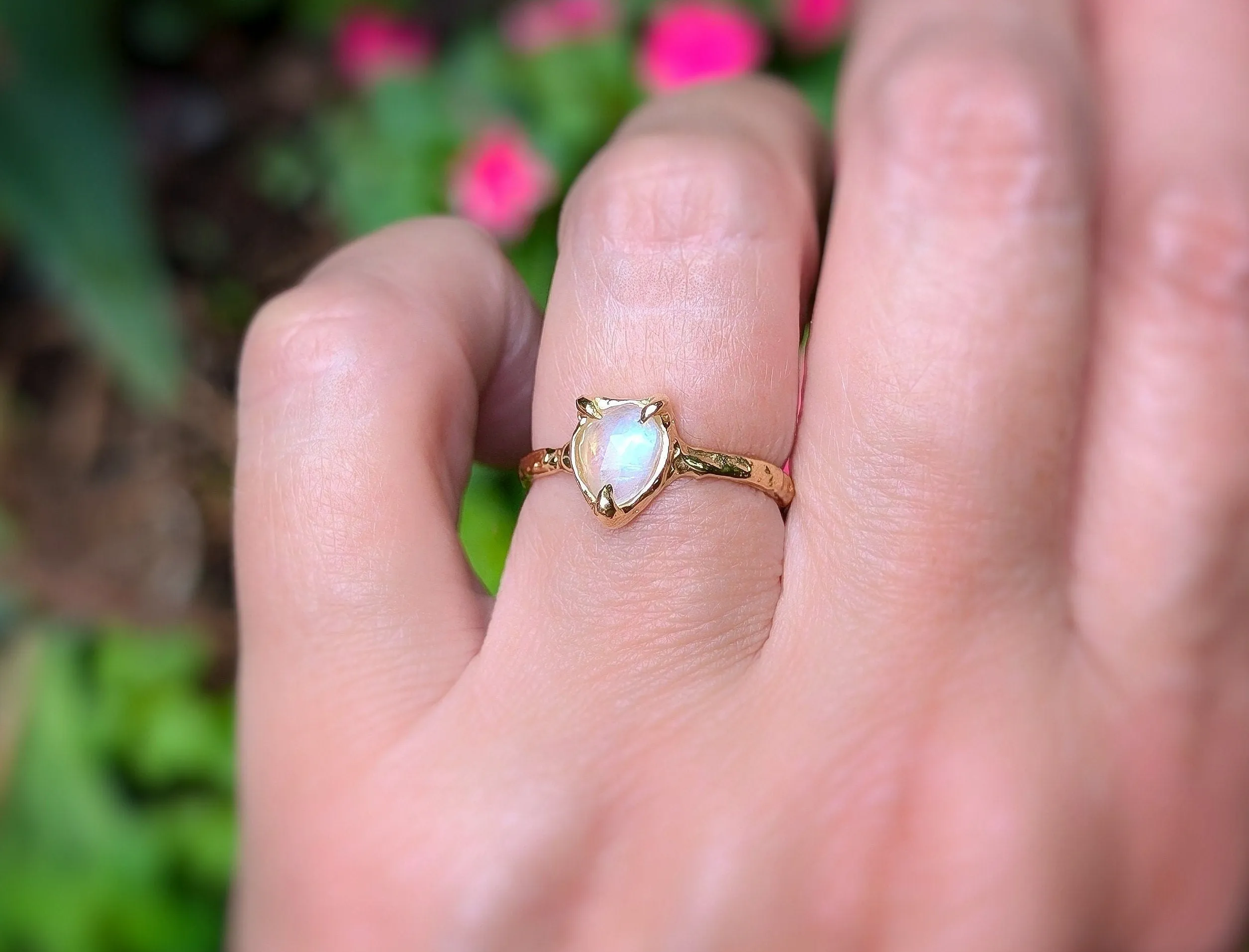 Rainbow Moonstone textured ring in Solid 14k Gold