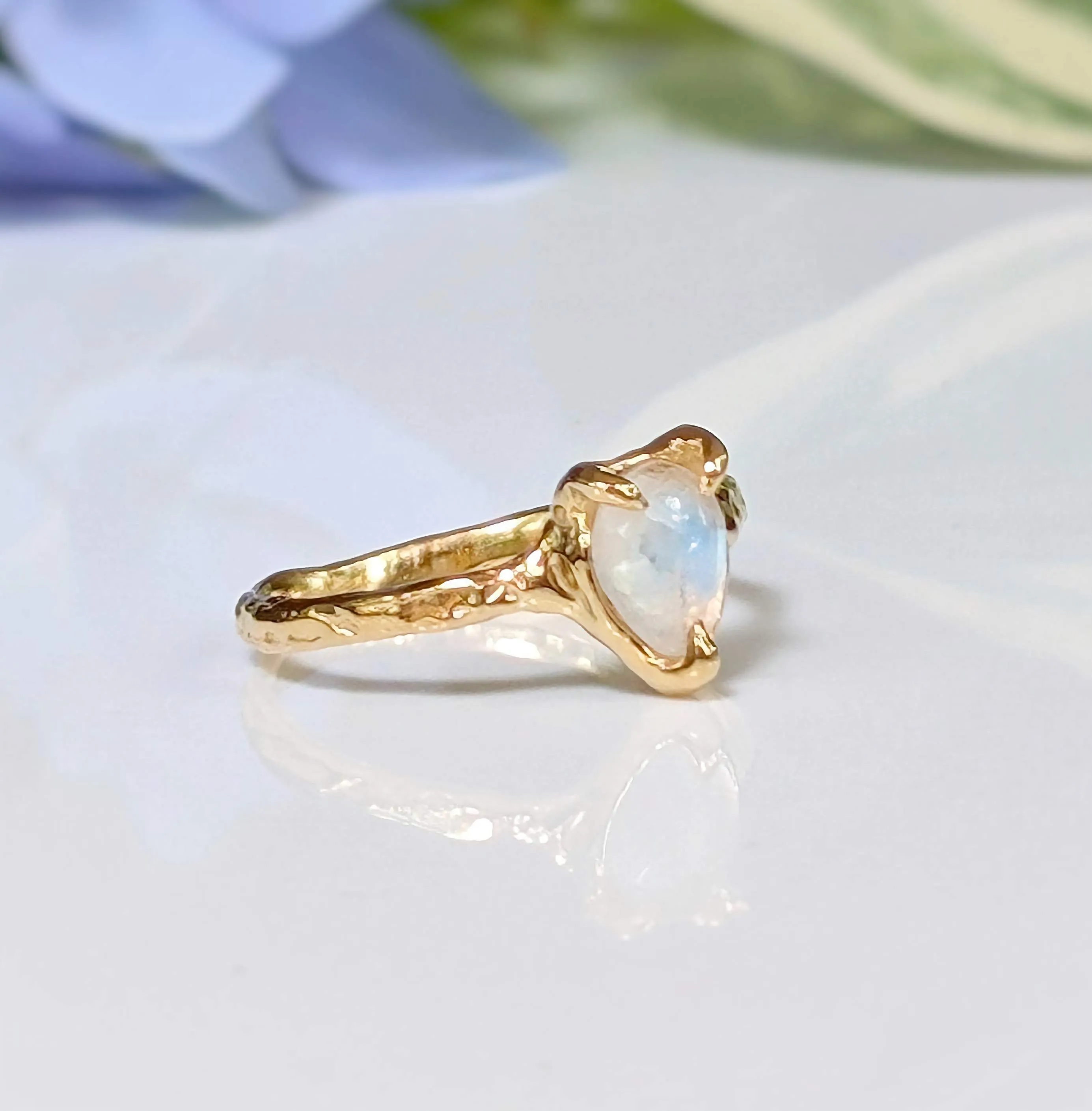 Rainbow Moonstone textured ring in Solid 14k Gold