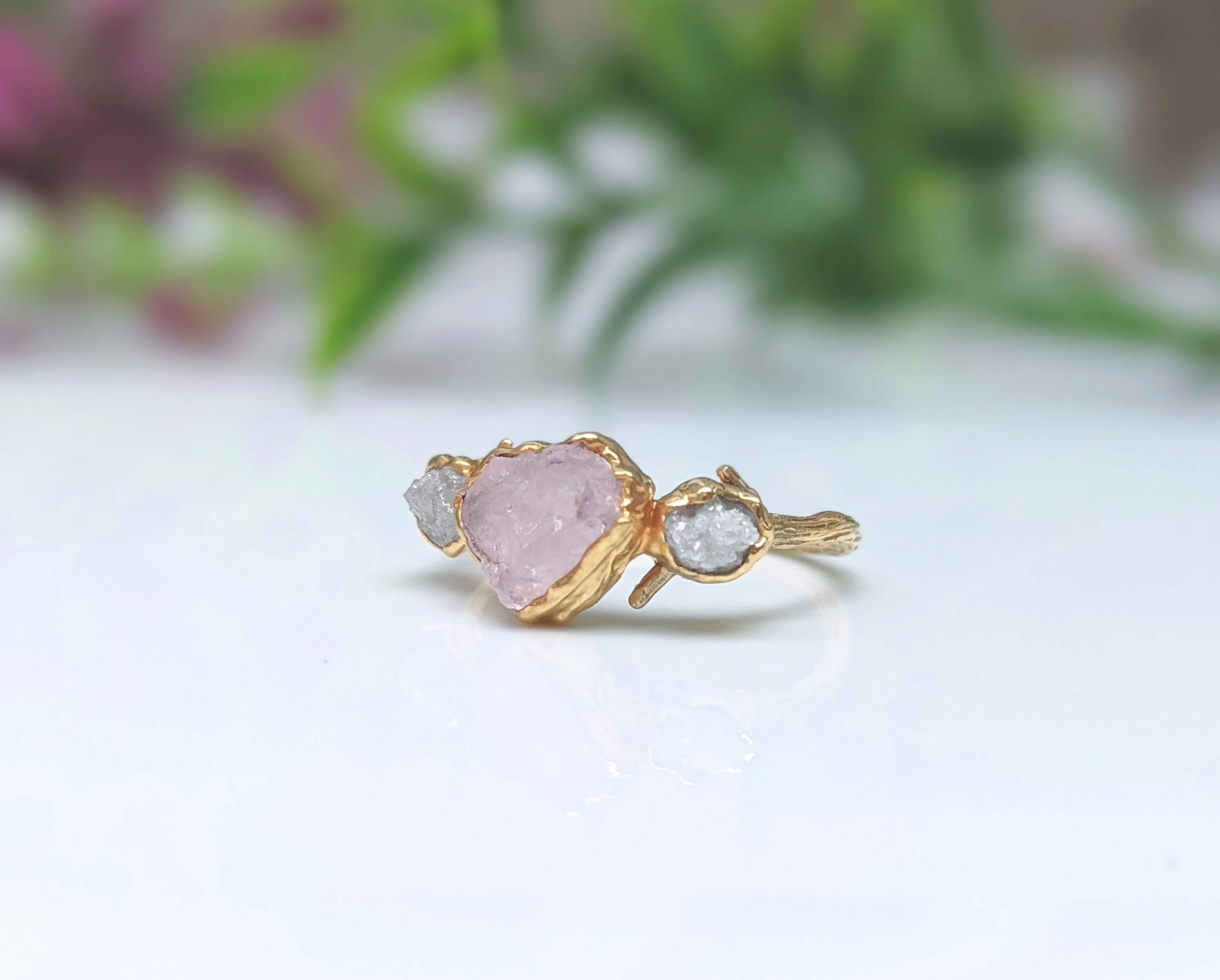 Raw Pink Morganite and diamond ring