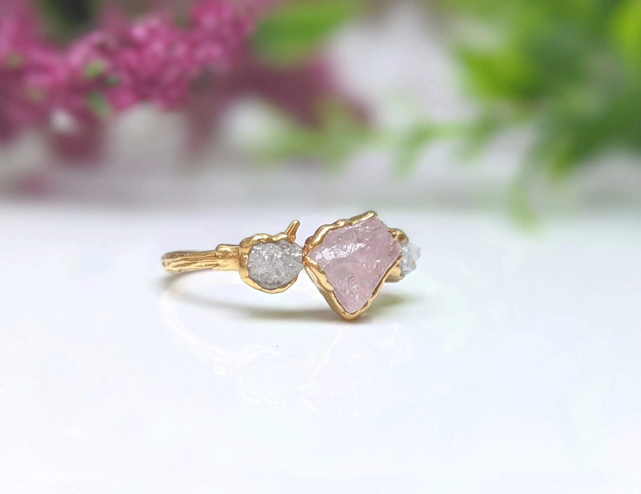 Raw Pink Morganite and diamond ring