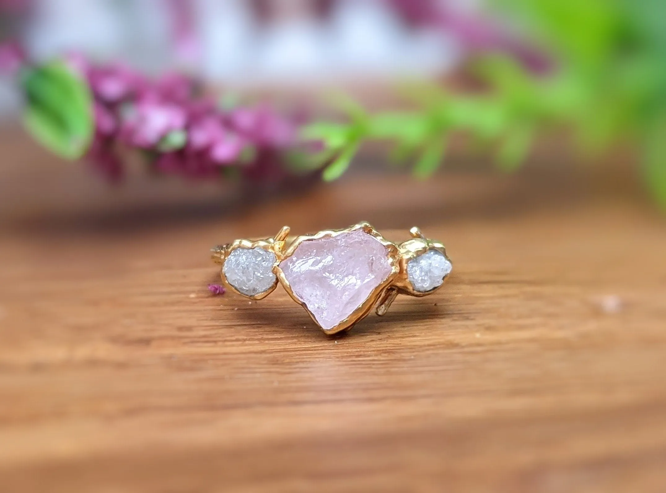 Raw Pink Morganite and diamond ring