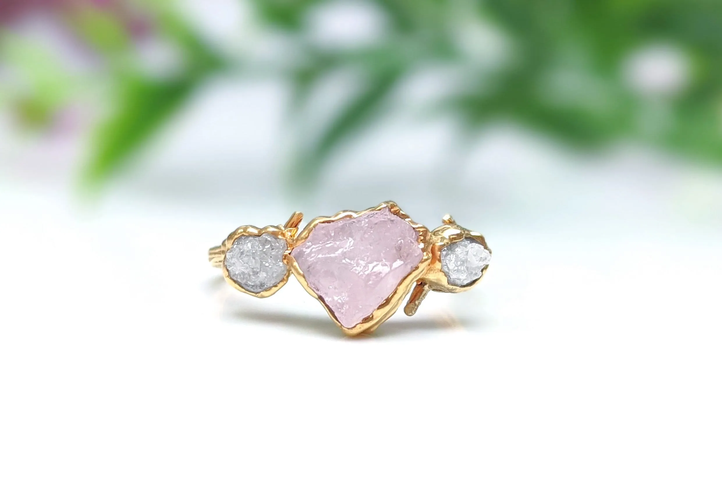 Raw Pink Morganite and diamond ring