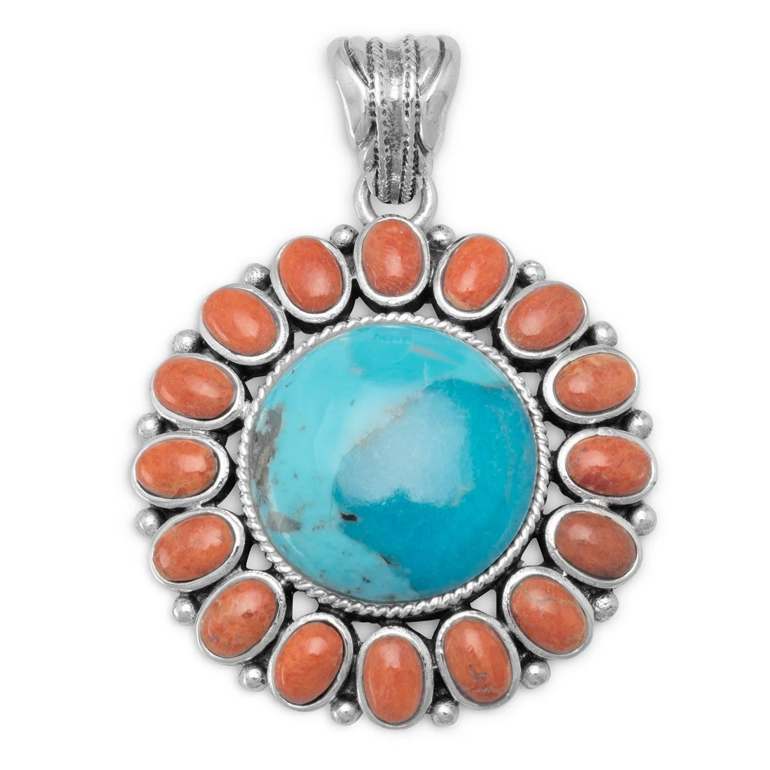 Reconstituted Turquoise and Coral Sunburst Pendant