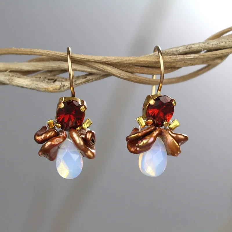 Red CZ Pearl Bee Earrings