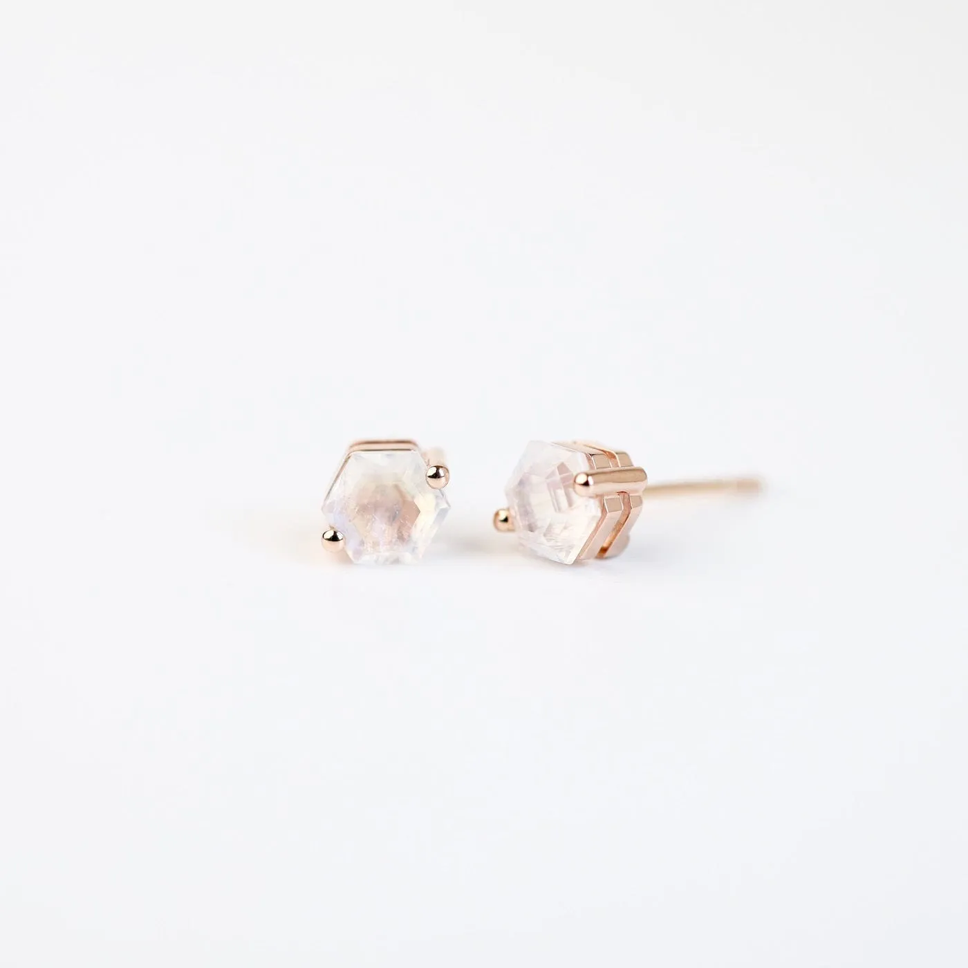 Rose Gold 5x5mm Hexagon Rainbow Moonstone Post Earrings