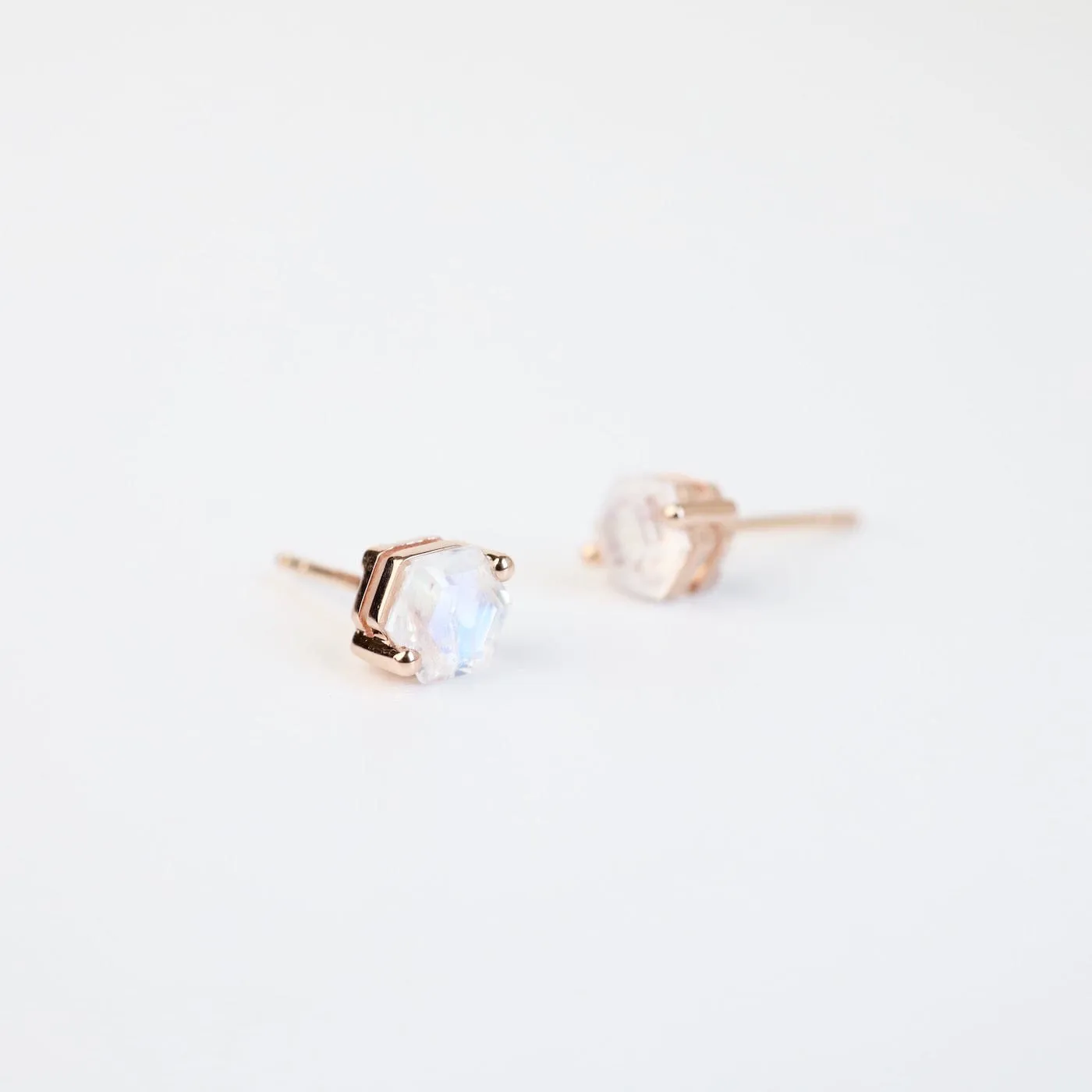 Rose Gold 5x5mm Hexagon Rainbow Moonstone Post Earrings