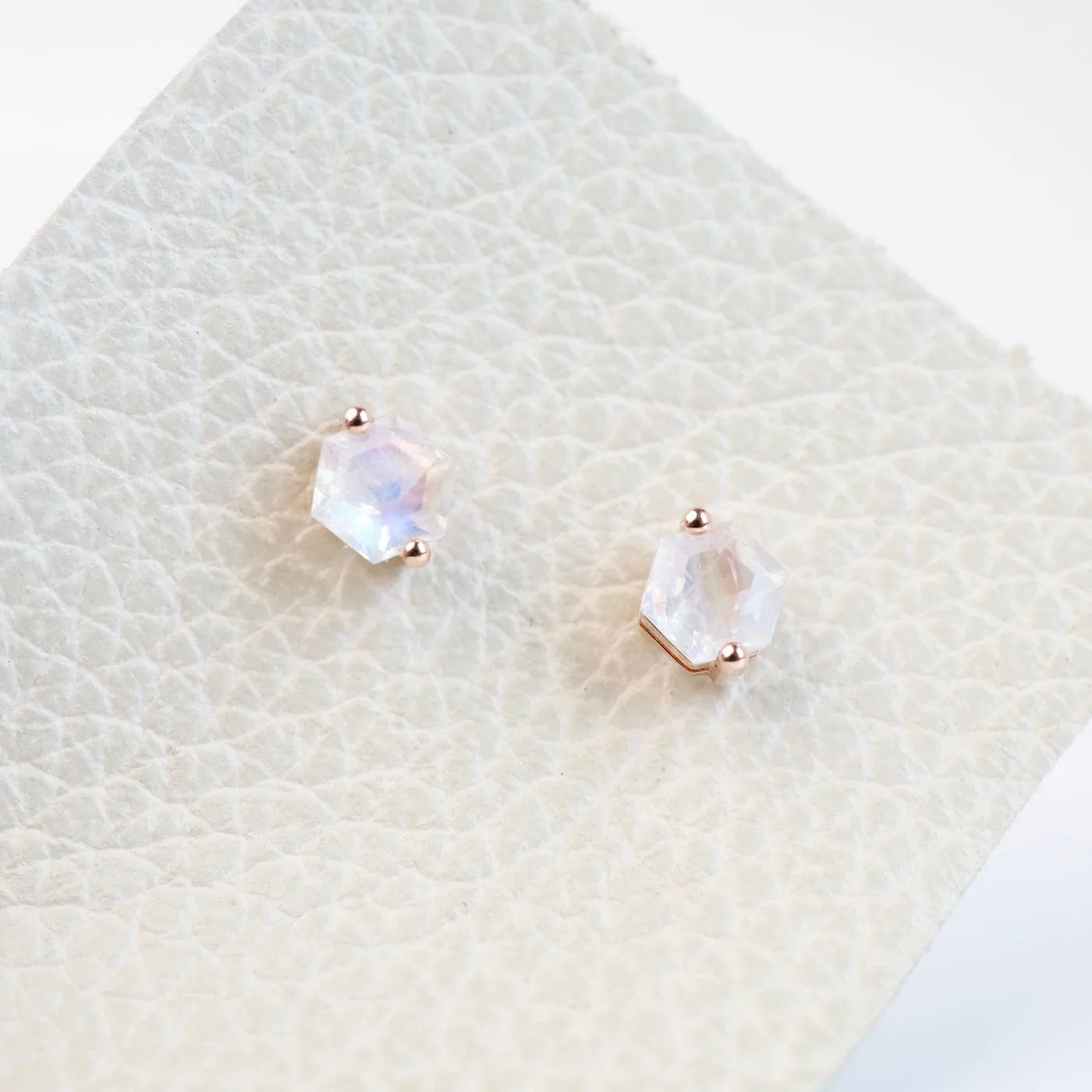 Rose Gold 5x5mm Hexagon Rainbow Moonstone Post Earrings