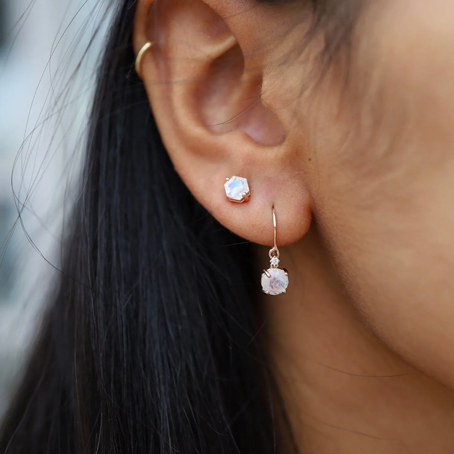 Rose Gold 5x5mm Hexagon Rainbow Moonstone Post Earrings