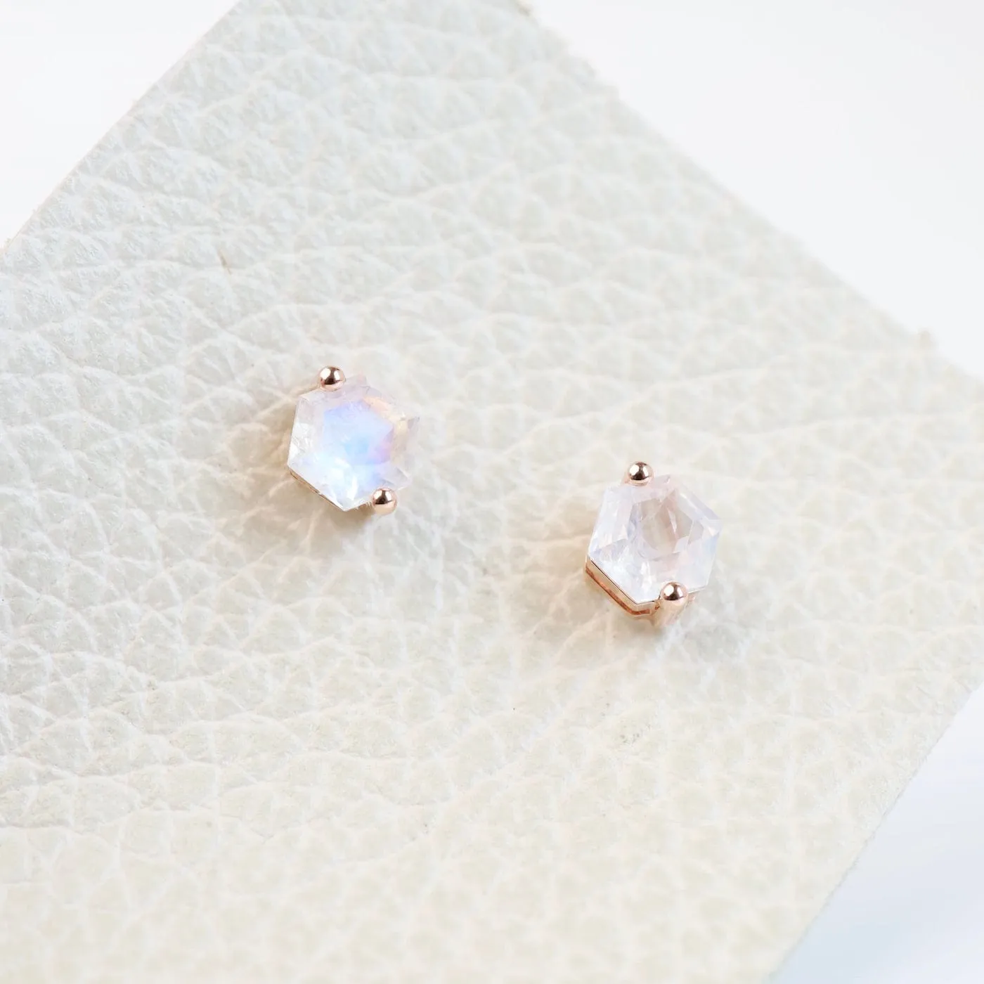 Rose Gold 5x5mm Hexagon Rainbow Moonstone Post Earrings