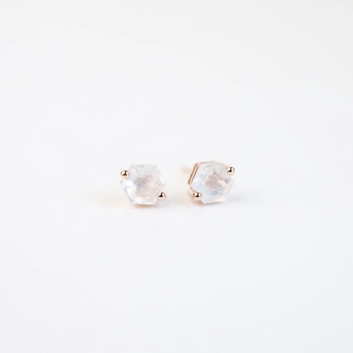 Rose Gold 5x5mm Hexagon Rainbow Moonstone Post Earrings