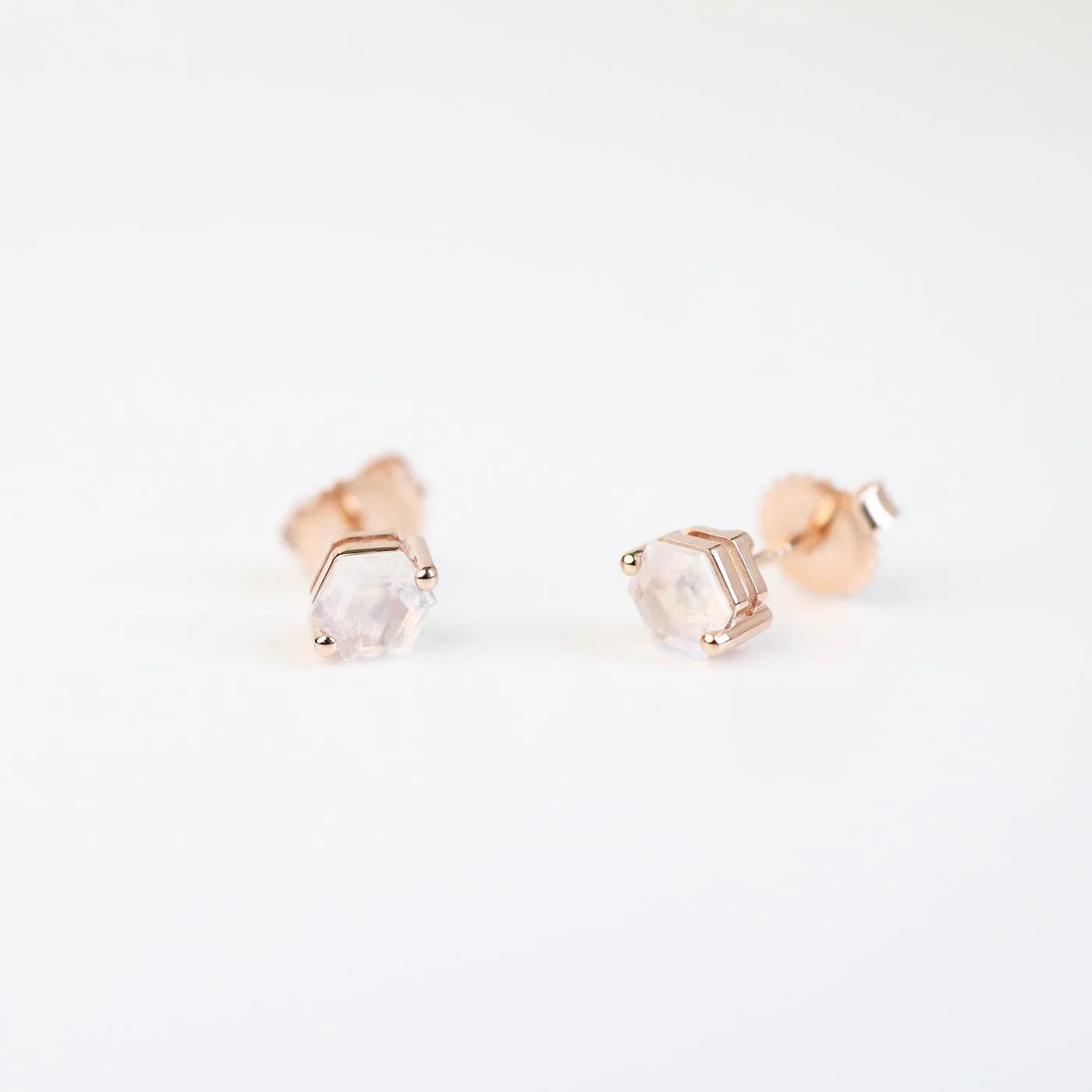 Rose Gold 5x5mm Hexagon Rainbow Moonstone Post Earrings