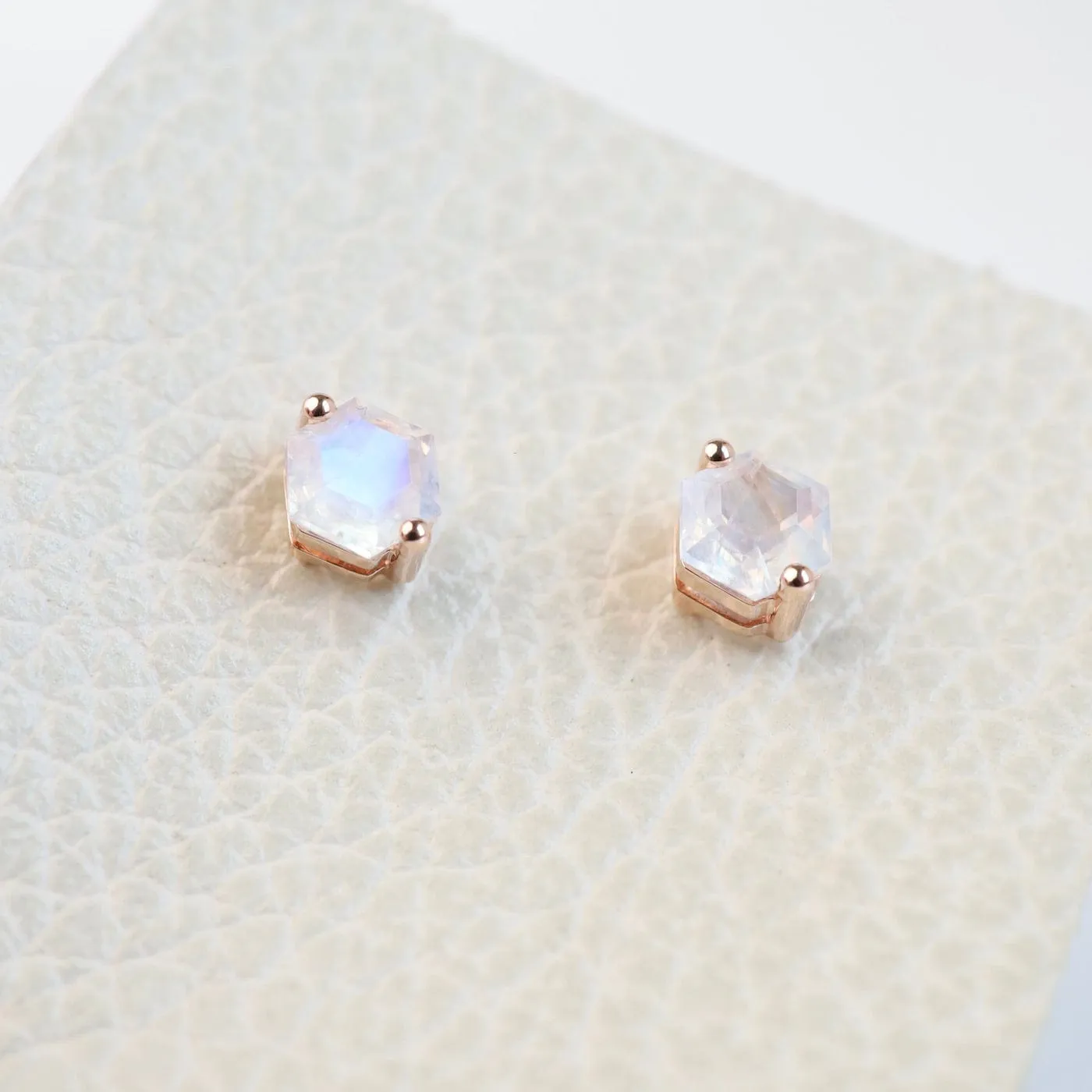 Rose Gold 5x5mm Hexagon Rainbow Moonstone Post Earrings