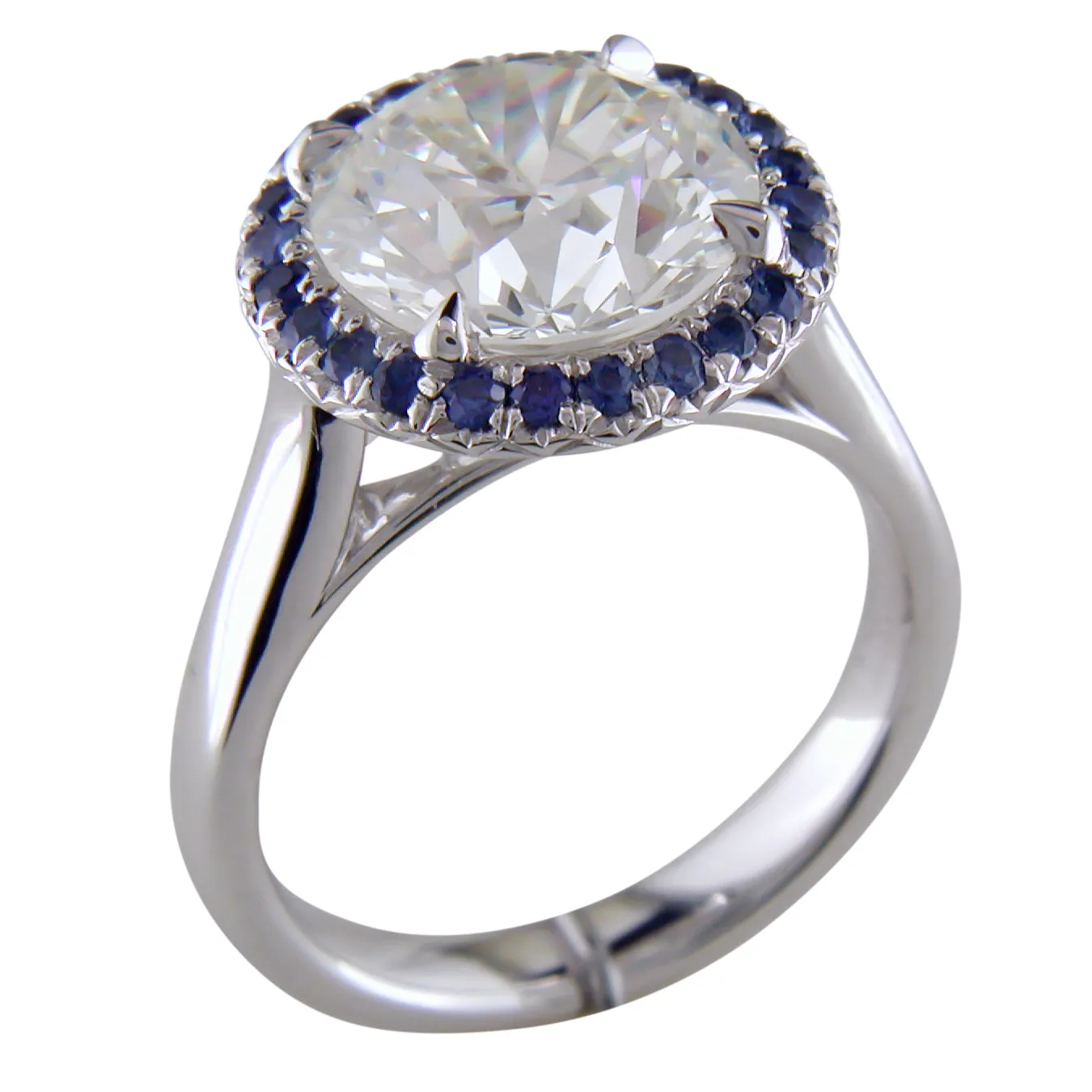 Round Center 3.70 Carat Diamond & Sapphire Halo Platinum Engagement or Cocktail Ring