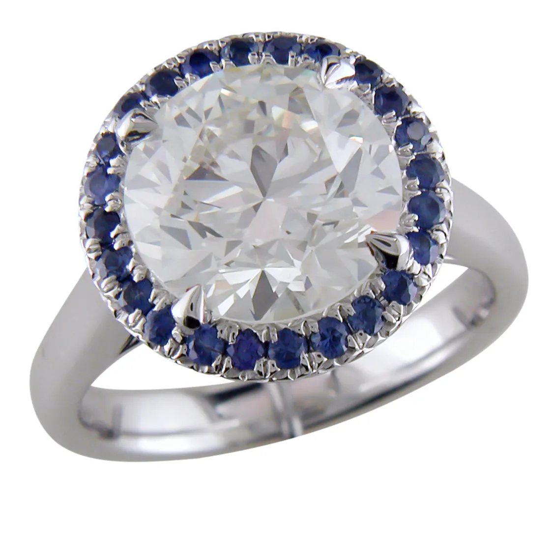 Round Center 3.70 Carat Diamond & Sapphire Halo Platinum Engagement or Cocktail Ring