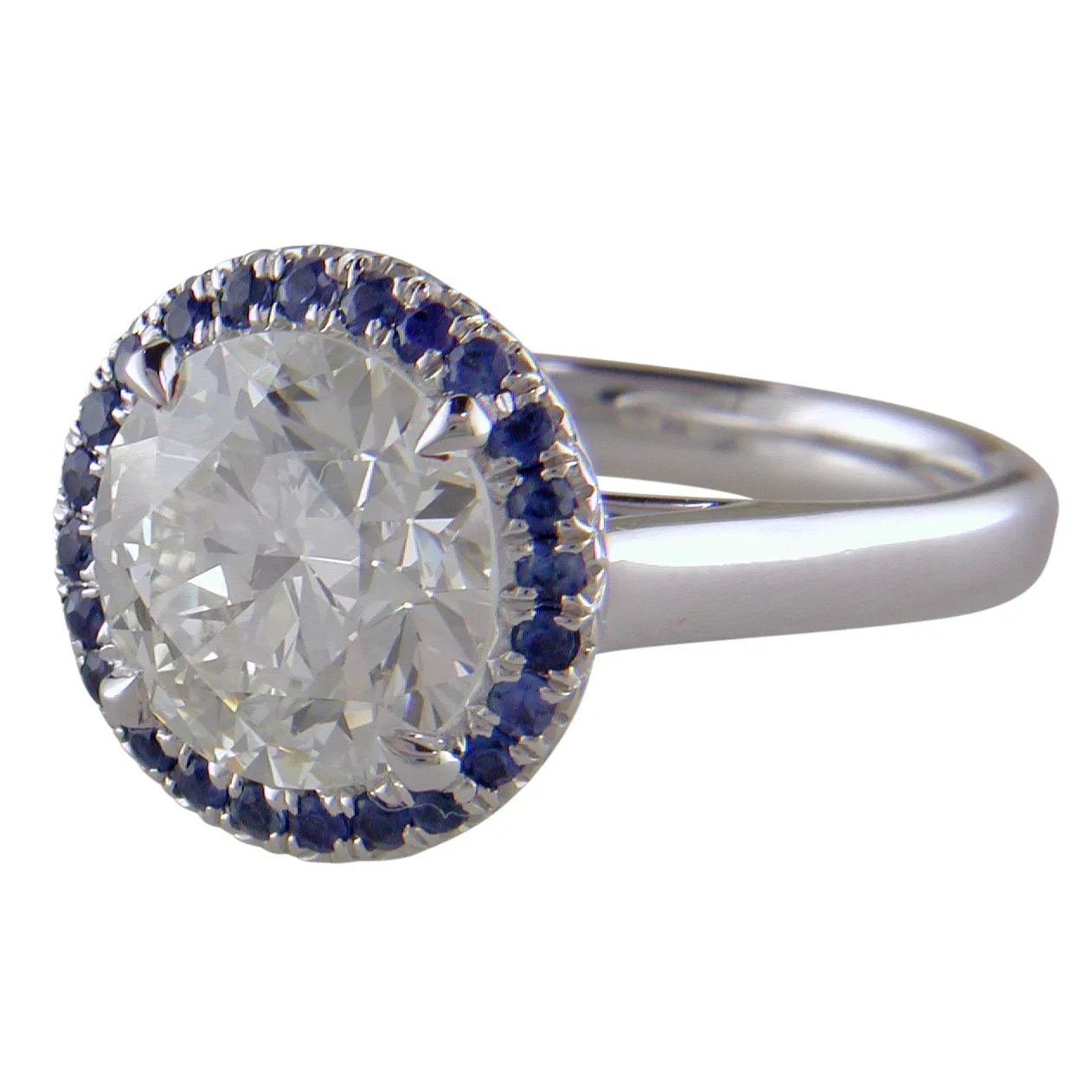 Round Center 3.70 Carat Diamond & Sapphire Halo Platinum Engagement or Cocktail Ring