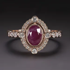 RUBY DIAMOND COCKTAIL RING VINTAGE STYLE SCALLOPED HALO 14k ROSE GOLD NATURAL